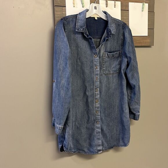 Side Stitch Dark Wash Long Sleeve Lyocell Botton Down Shirt- XSP - Picture 4 of 16